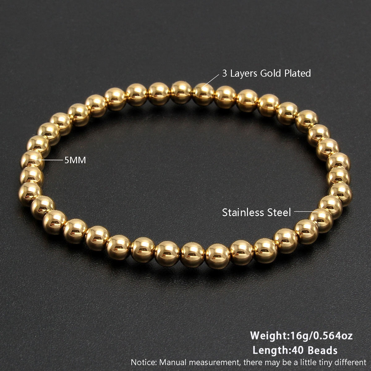 Gold Plated Stainless Steel Ball Chain Bracelet Unisex Elastic Beaded Hand String