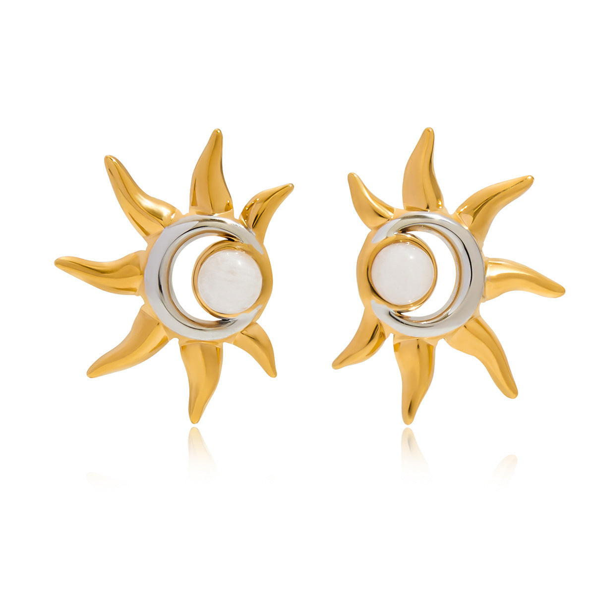 Pendientes de tuerca de acero de titanio con forma de sol geométrico con acabado chapado para mujer, joyería minimalista a la moda