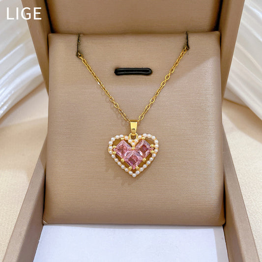Collar minimalista de acero de titanio con forma de corazón, con detalles de perlas e incrustaciones de diamantes de imitación para mujer