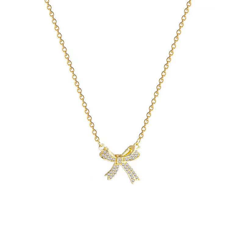 Elegante Collana Pendente con Fiocco da Donna in Acciaio al Titanio con Intarsio di Strass, Collana Minimalista a Catena Clavicola Stile O-Chain