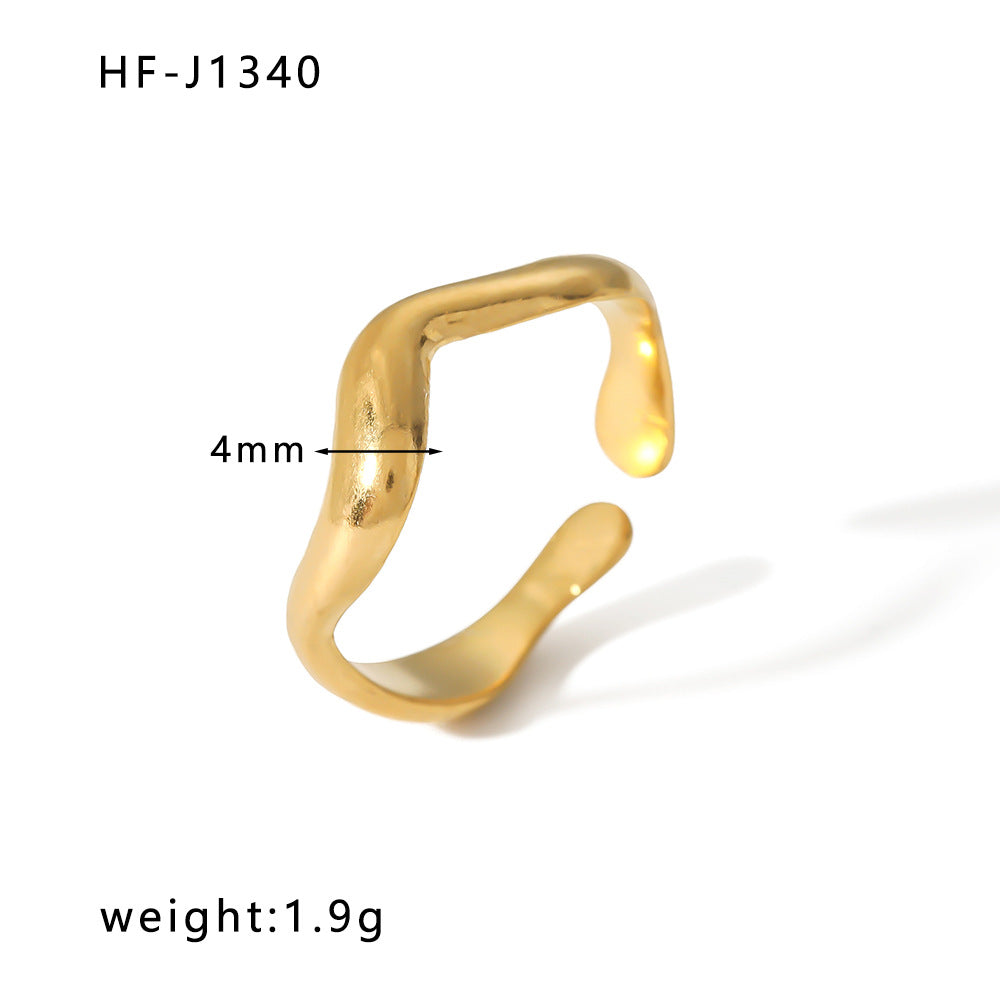 Anello Aperto da Donna Minimalista in Acciaio al Titanio a Forma di Onda con Placcatura Sottovuoto in Oro 18K e Design Geometrico