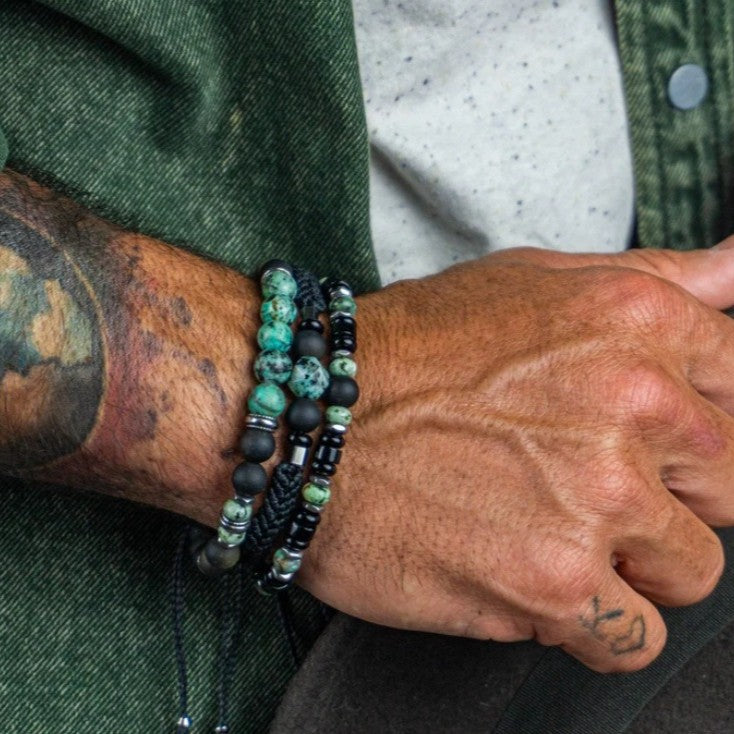 Vintage Bohemian Geometric Round Black Agate and Turquoise Beaded Stretch Bracelet for Men and Women