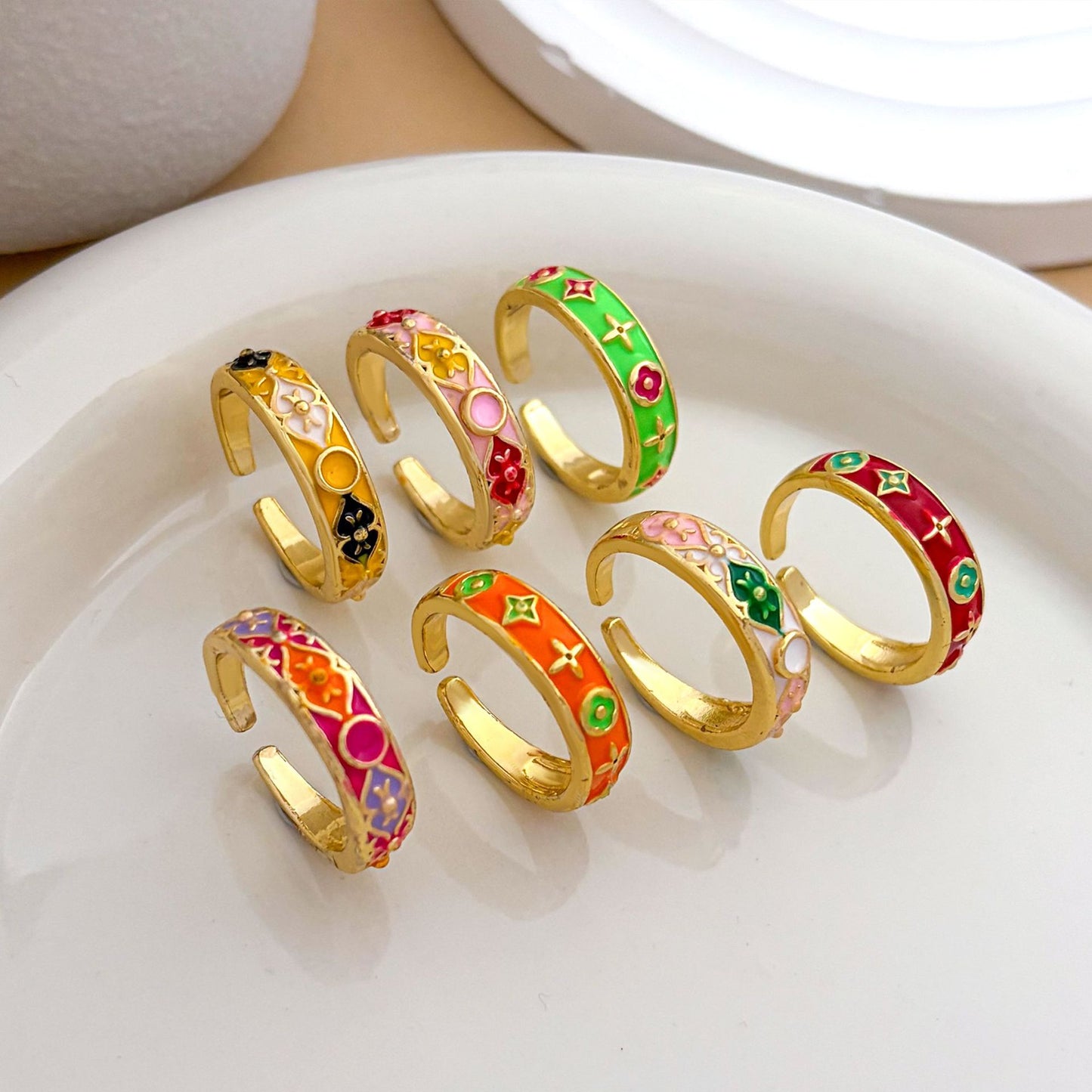 Vintage Sweet Gold Plated Brass Enamel Geometric Open Ring for Women