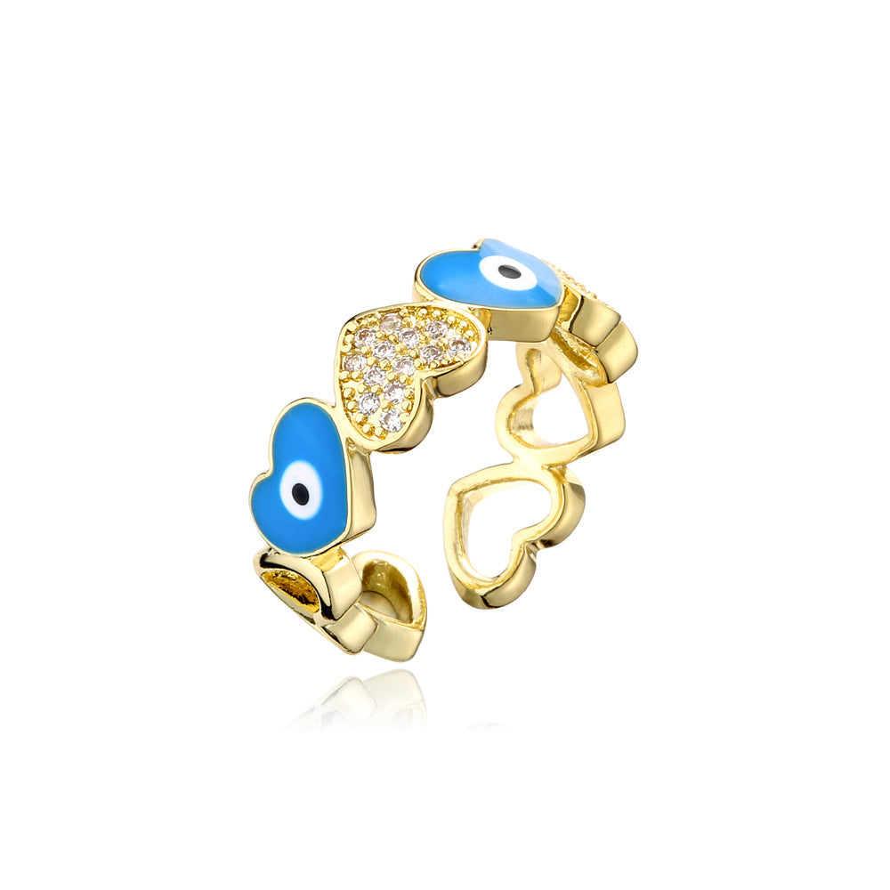 Casual Gold Drip Oil Heart Geometric Brass Ring with Cubic Zirconia for Women