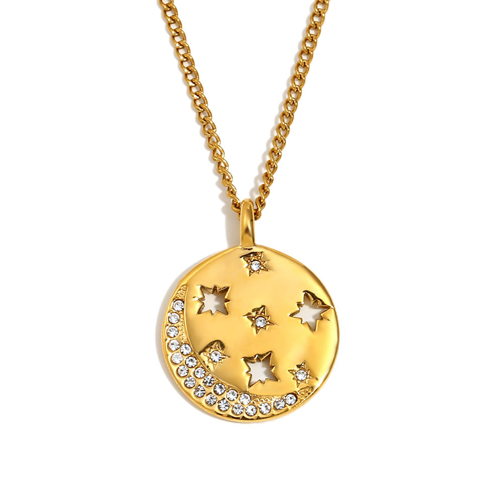 Collana con pendente geometrico minimalista a forma di luna e ottagramma da donna in acciaio inossidabile placcato oro 18 carati