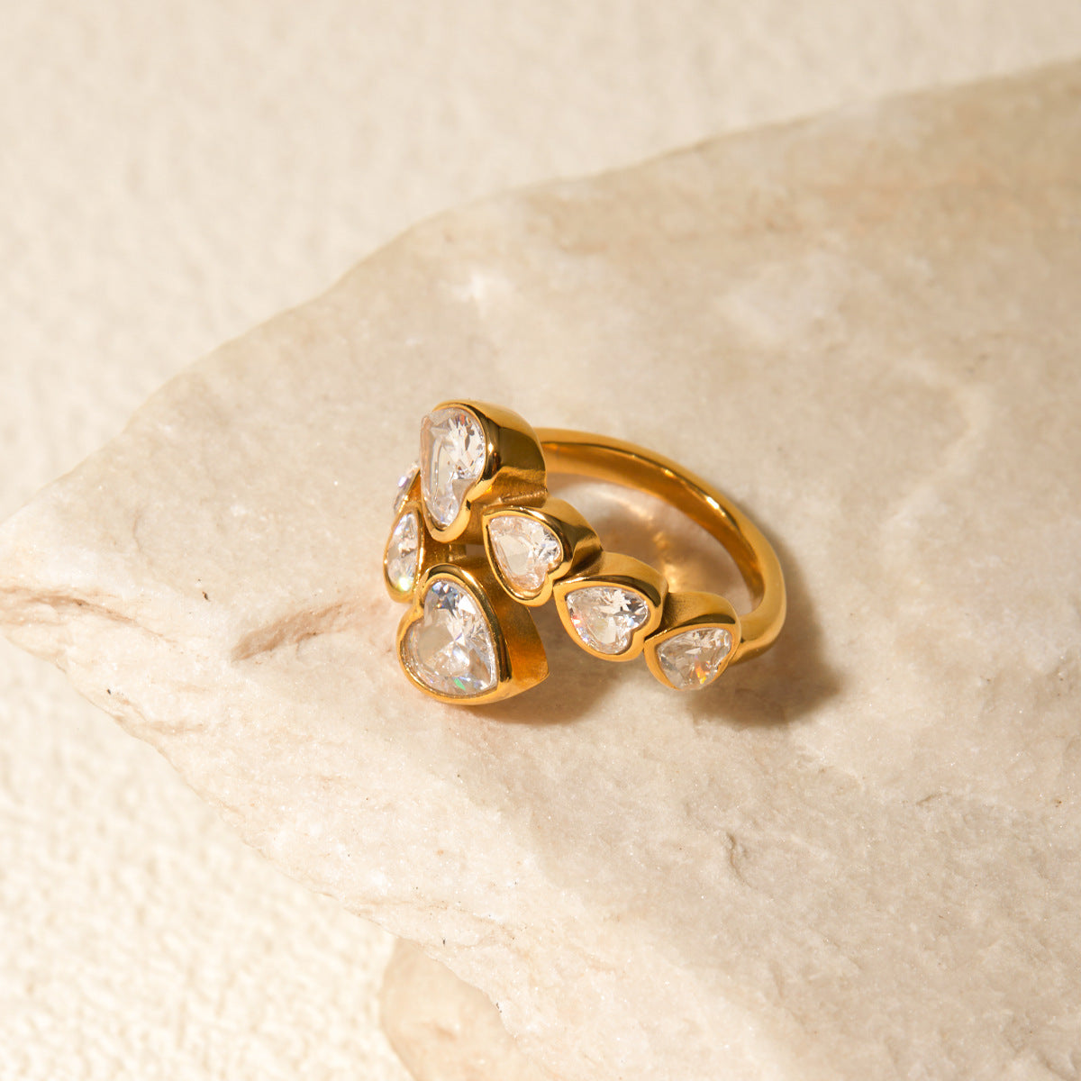 INS Style Heart-Shaped Titanium Steel Ring with 18K Gold Plating and Zircon Inlay, Adjustable Open Band