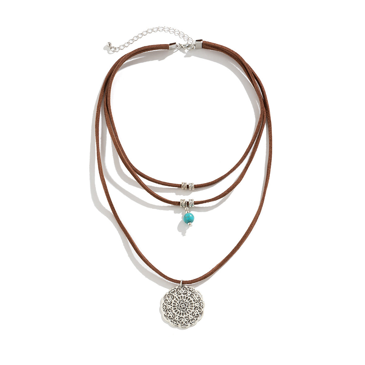 Vintage Western Cowboy Style Turquoise Multilayer Necklace for Women with Geometric Pendant and Plated Zinc Alloy Chain