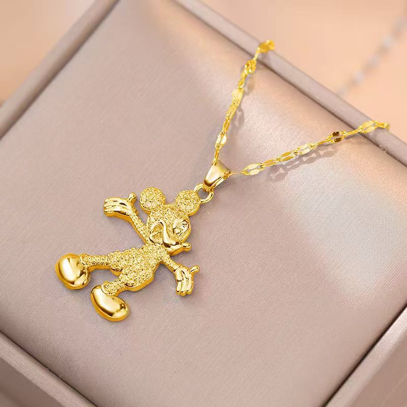 Collana con Pendente Minimalista Geometrico a Forma di Topolino in Acciaio al Titanio da Donna con Finitura Placcata Sottovuoto e Catena a O