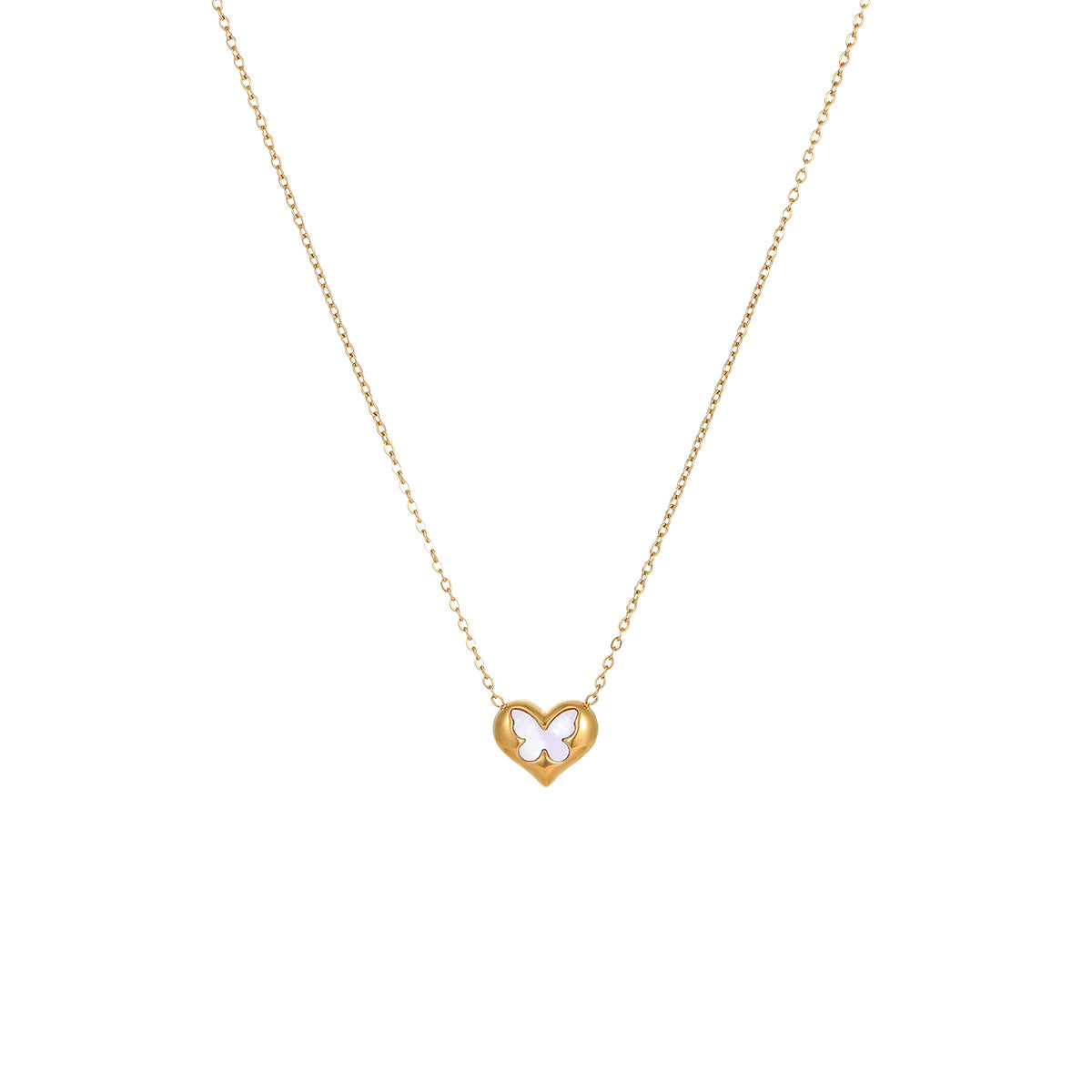 Collana da donna alla moda con farfalla e cuore in acciaio inossidabile placcato oro 18K — Catena con medaglione minimalista