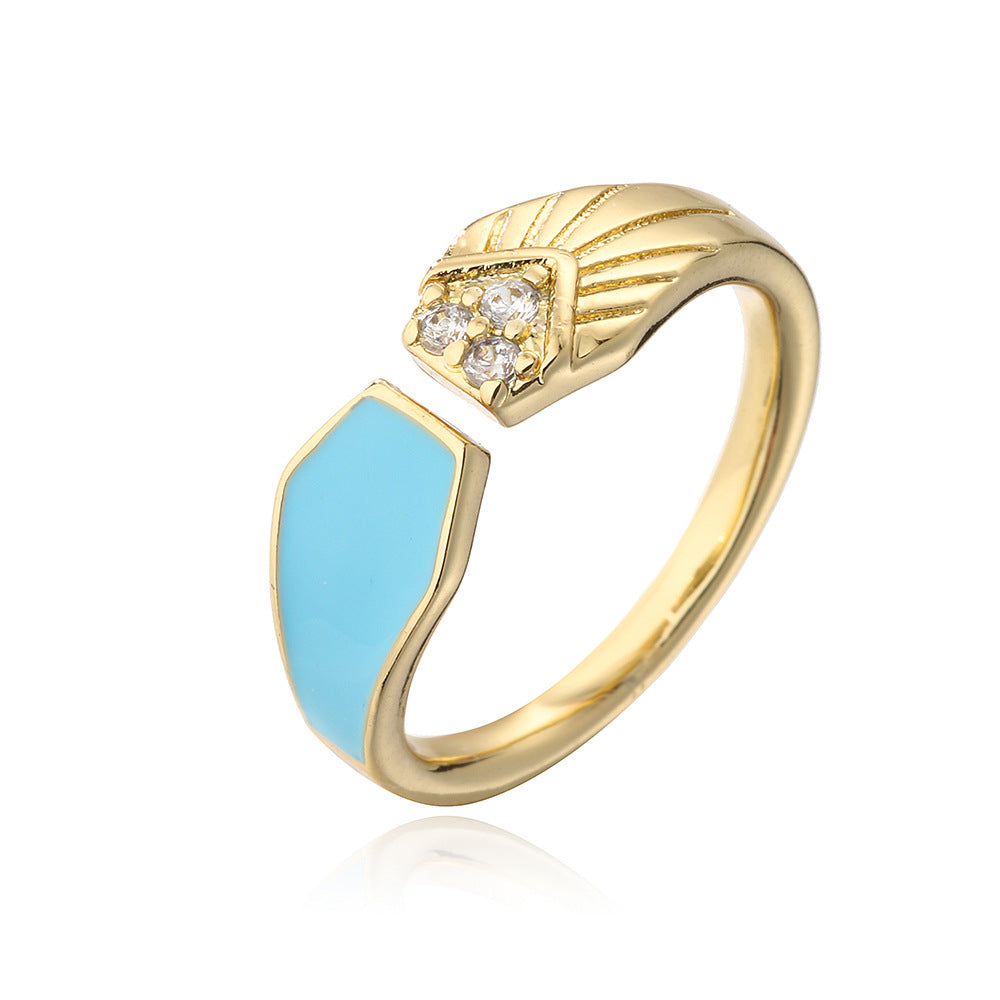 Minimalist Geometric Copper Ring with 18K Gold Plating and Colored Enamel Zirconia for Women