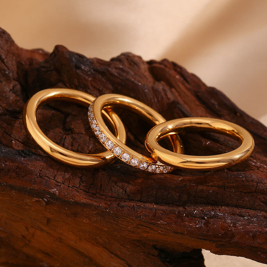 Fashionable Minimalist Geometric Stainless Steel Plated 18K Gold Zircon Ring Set for Women