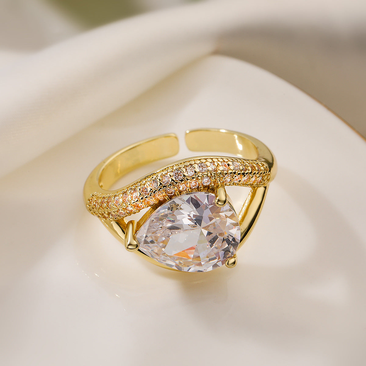 Minimalist Geometric Open Ring for Women in Brass with 18K Gold Plating and Micro-Paved Zirconia