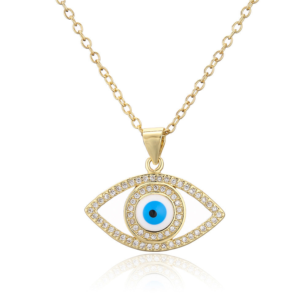 Gold Plated Brass Geometric Heart Evil Eye Pendant Necklace with Cubic Zirconia Inlay and Drip Oil Detail on Cable Chain