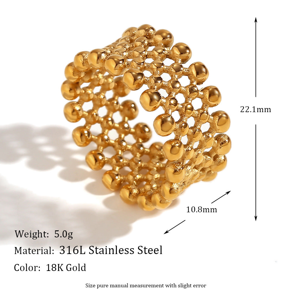 Minimalist Geometric Stainless Steel Plated 18K Gold Small Round Bead Mesh Cross-Arranged Ring for Women