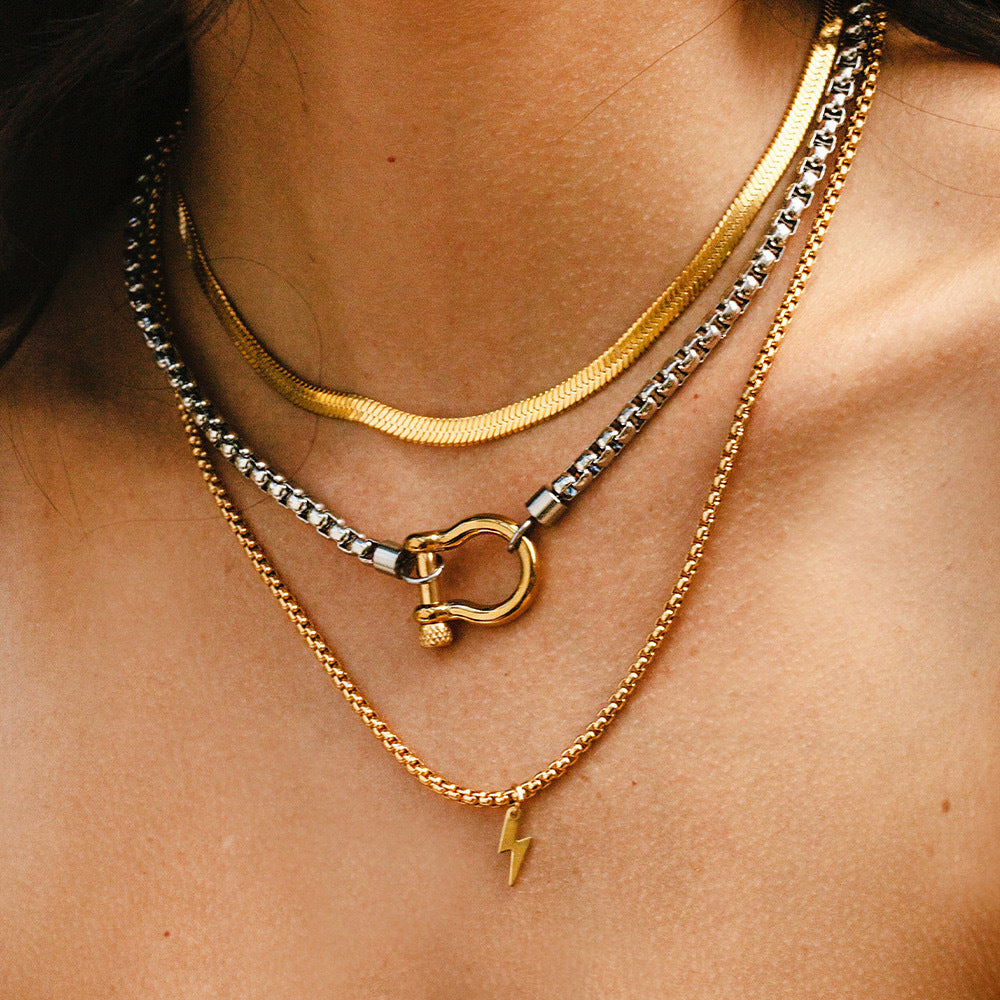 Minimalist Geometric Carabiner Necklace in Stainless Steel with 18K Gold Plating on Pearl Chain for Women