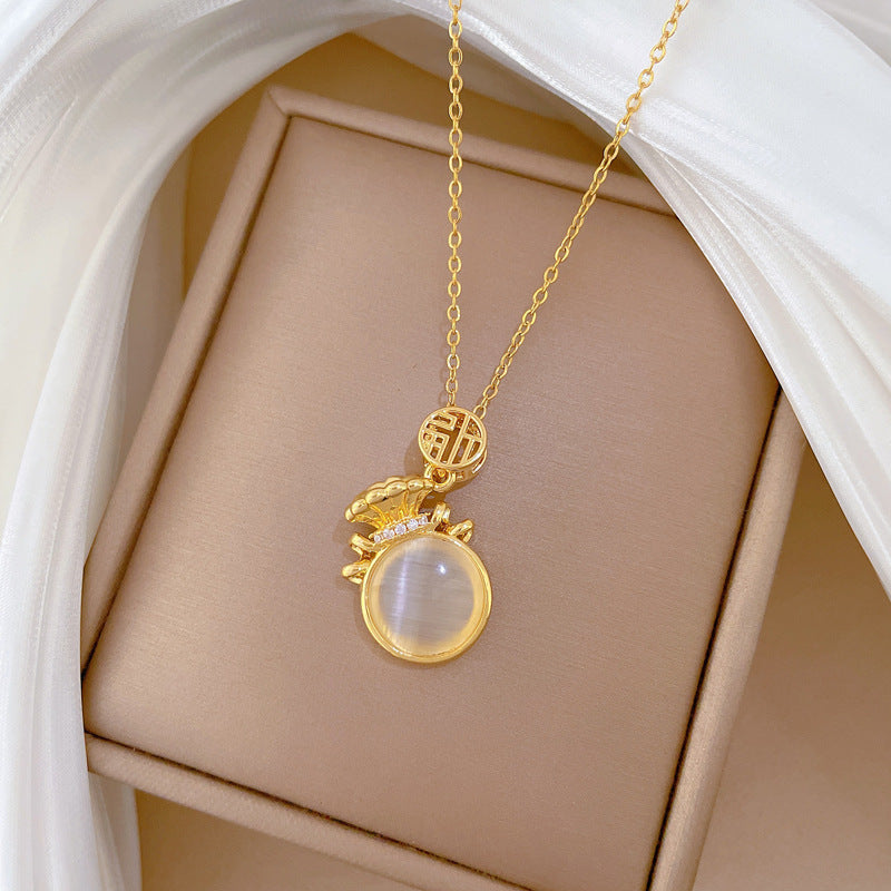 Minimalist Lucky Bag Pendant Necklace for Women Stainless Steel Locket Chain with Full Rhinestone Accents and Zodiac Animal Shape