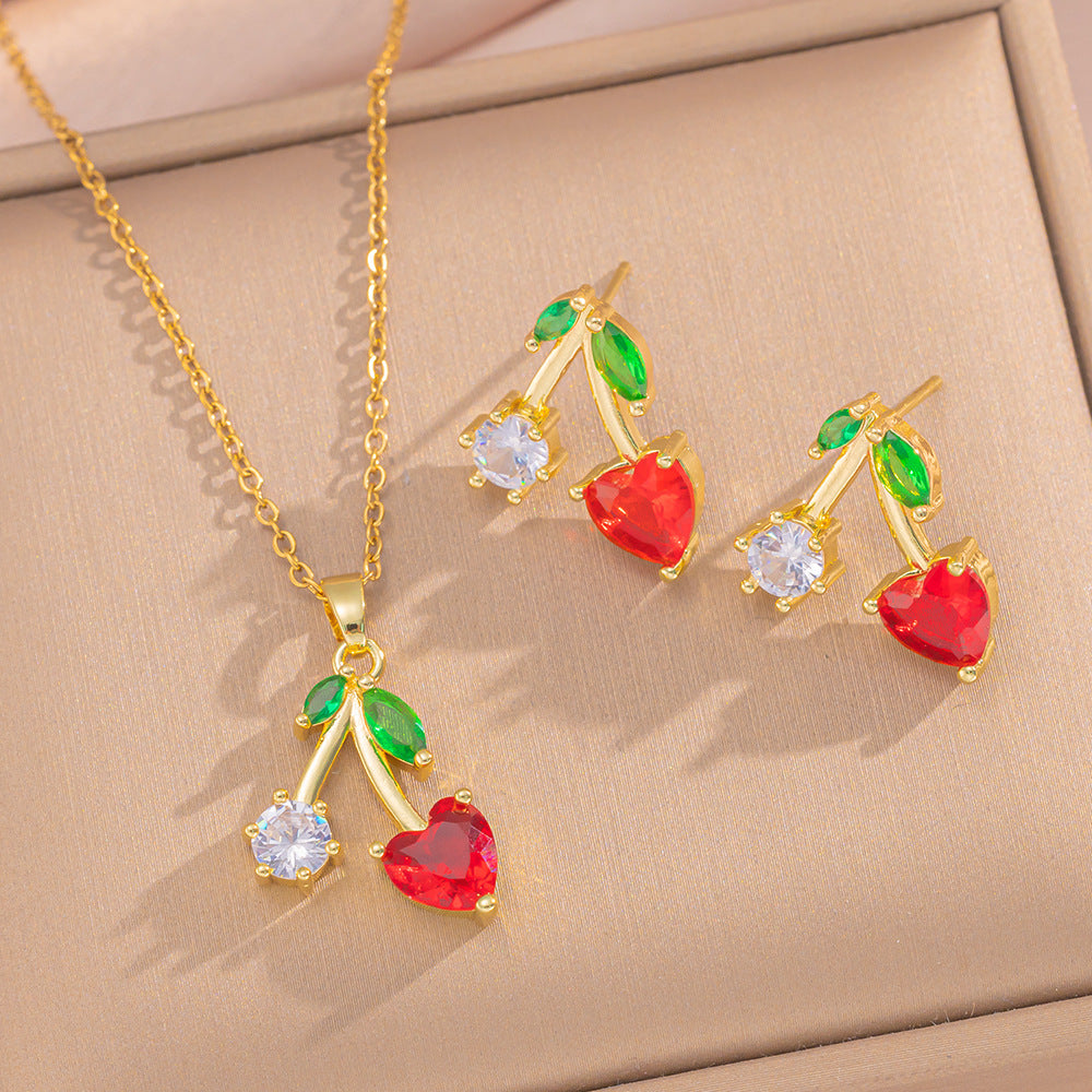 Luxury Cherry Heart Pendant Necklace Set for Women in Titanium Steel with Gold-Plated Copper Charm and Rhinestone Inlay on O-Chain