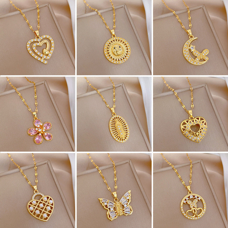 Luxury Minimalist Sweet Geometric Rhinestone Pendant Necklace for Women Titanium Steel O-Chain