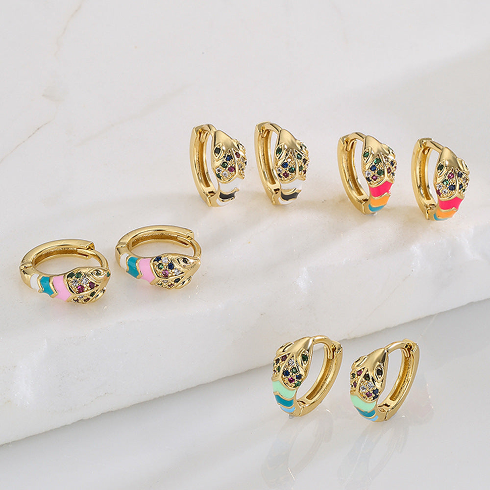 Minimalist Geometric Copper Earrings with 18K Gold Plating and Colorful Zircon Inlay and Enamel Finish for Women