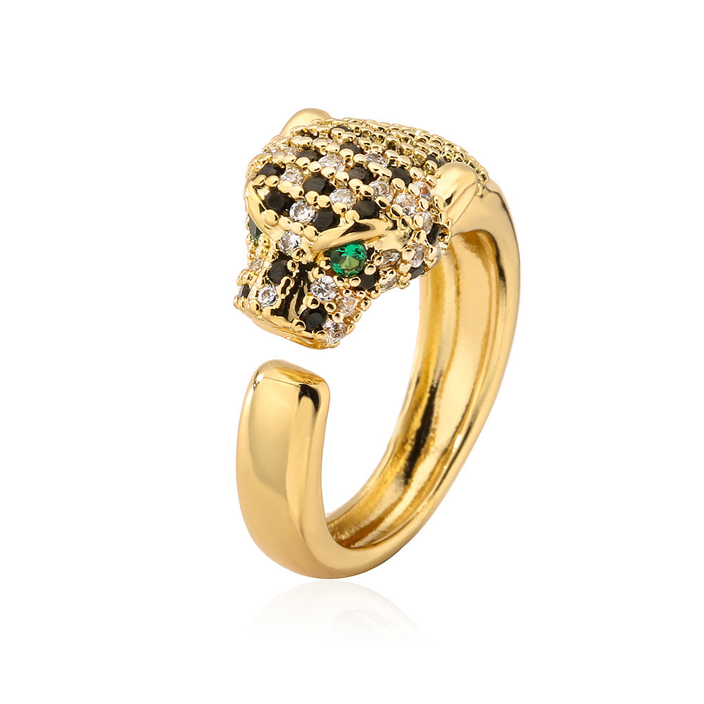 Anello aperto geometrico alla moda da donna con base in rame placcato in oro 18 carati e design a leopardo con zirconi micro-incastonati