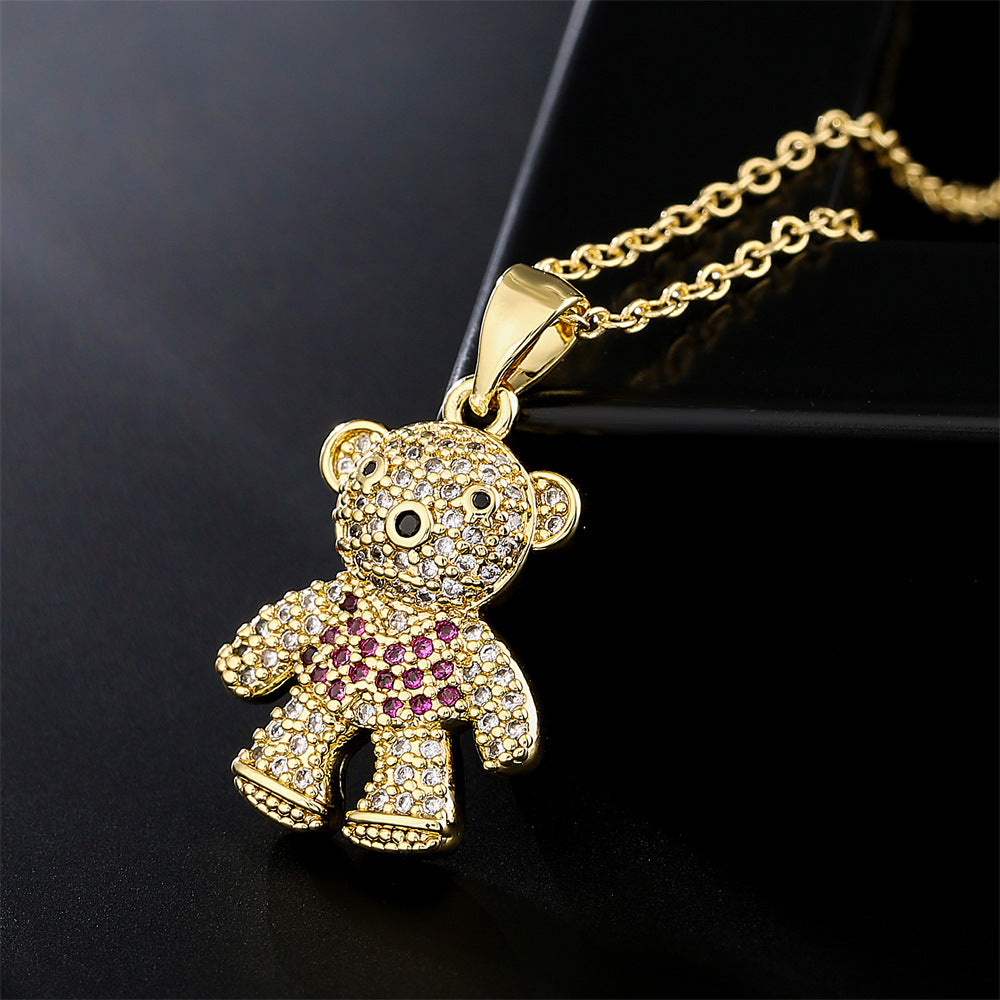 Collana con ciondolo a forma di orsetto per donna in rame con intarsio di zirconi, catena a O, design geometrico