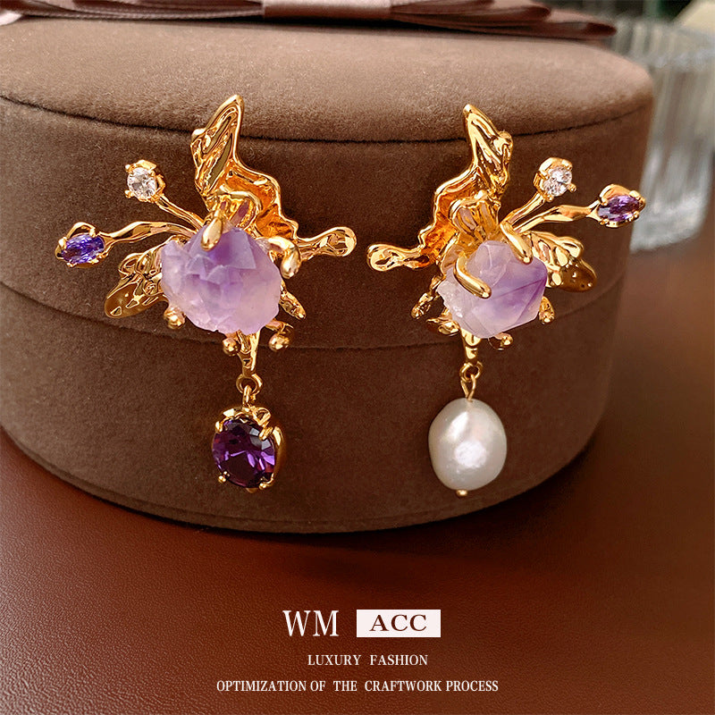 Baroque-Style Asymmetrical Freshwater Pearl and Zircon Butterfly Earrings in Sterling Silver for Women