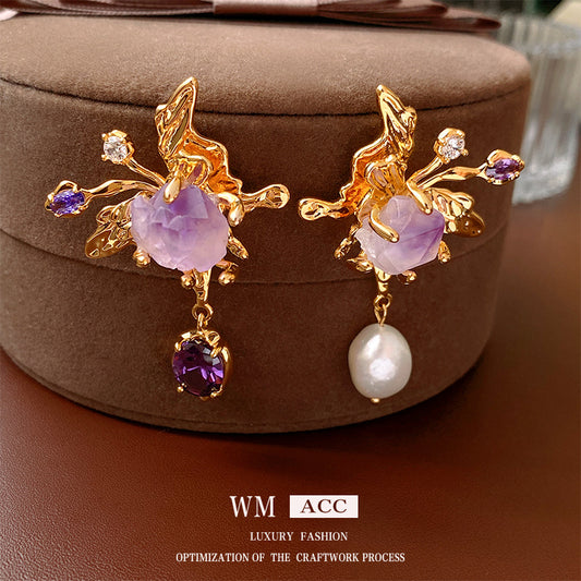 Orecchini a farfalla in stile barocco con perle d'acqua dolce asimmetriche e zirconi in argento sterling da donna