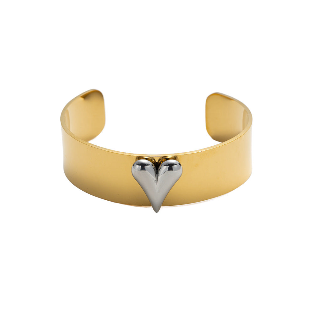 Minimalist Heart-Shaped Polished Titanium Steel Bracelet for Women with 18K Gold Plating