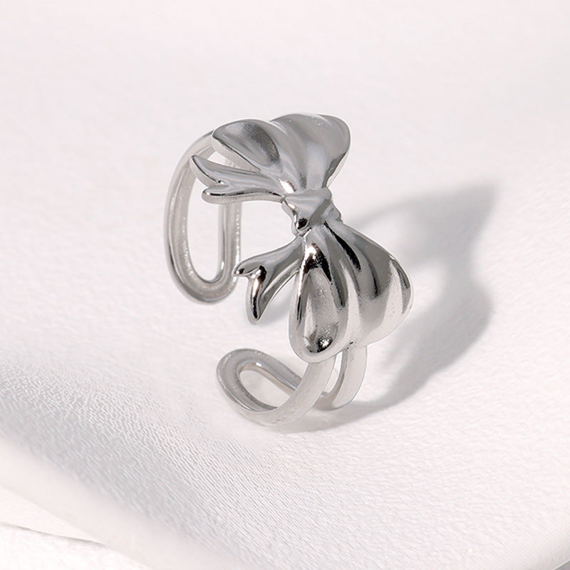 Minimalist Fashion Bow-Shaped Stainless Steel Ring for Women with Gold Plating, Adjustable Open Band Design