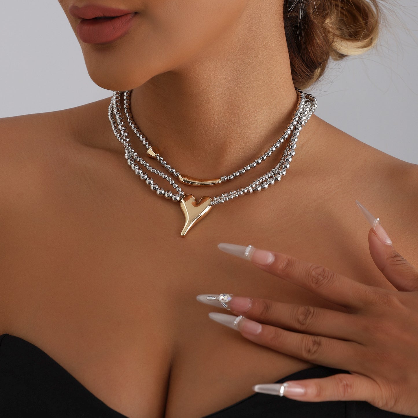 Luxury Sweet Heart Geometric Alloy Plated Beaded Layered Necklace for Women