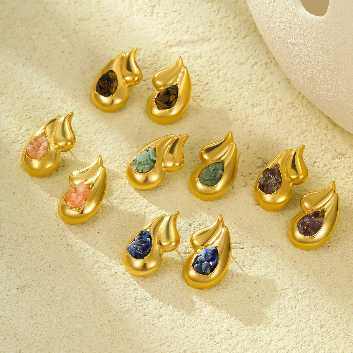 Orecchini a Goccia Doppi in Acciaio al Titanio Lucidato Stile Vintage Minimalista con Dettagli in Pietra Naturale e Placcatura in Oro 18K