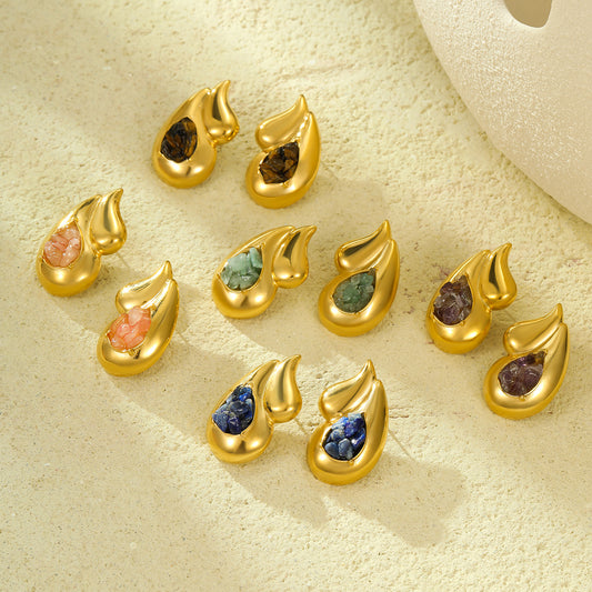 Vintage Minimalist Titanium Steel Polished Double-Layer Teardrop Earrings with Natural Stone Accents and 18K Gold Plating