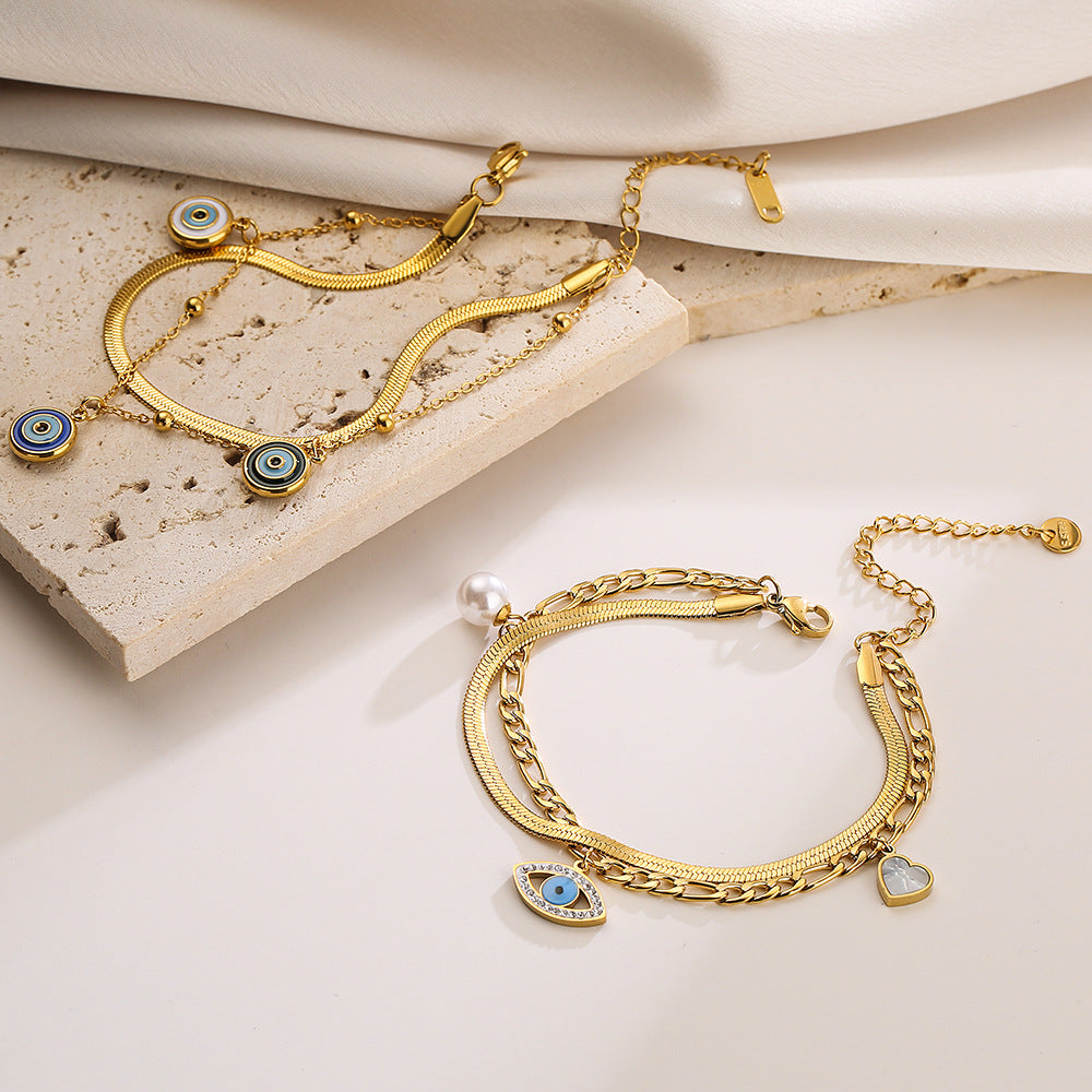 Fashionable Minimalist Geometric Titanium Steel Double-Layer Evil Eye Bracelet for Women