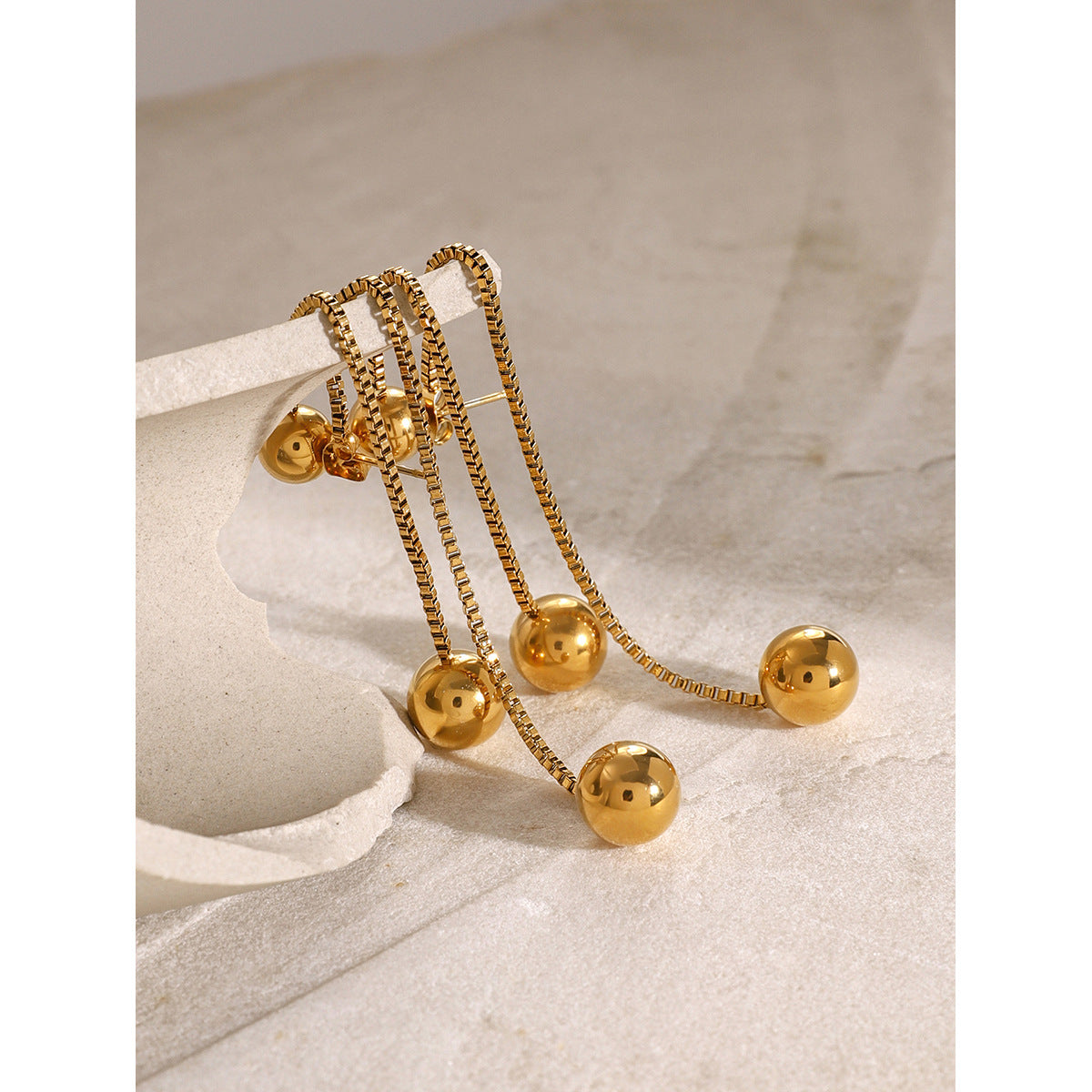 Minimalist 18K Gold Plated Round Stainless Steel Box Chain Tassel Earrings