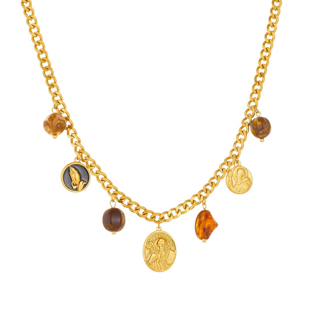 Vintage Gold Plated Round Geometric Drip Oil Resin Pendant Stainless Steel Serpentine Chain Necklace Set