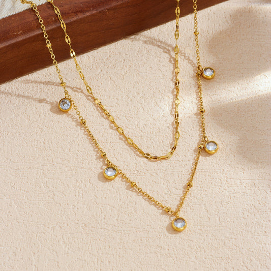 Minimalist Gold Plated Round Geometric Stainless Steel Rhinestone Lips Double Layer Necklace for Women