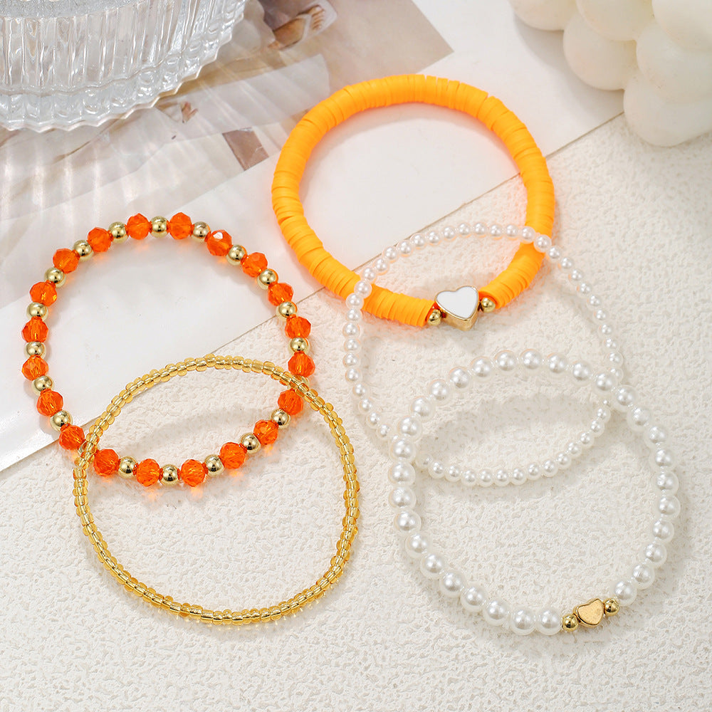 Bohemian Heart Drip Oil Resin and Pearl Beaded Stretch Bracelet Set for Kids