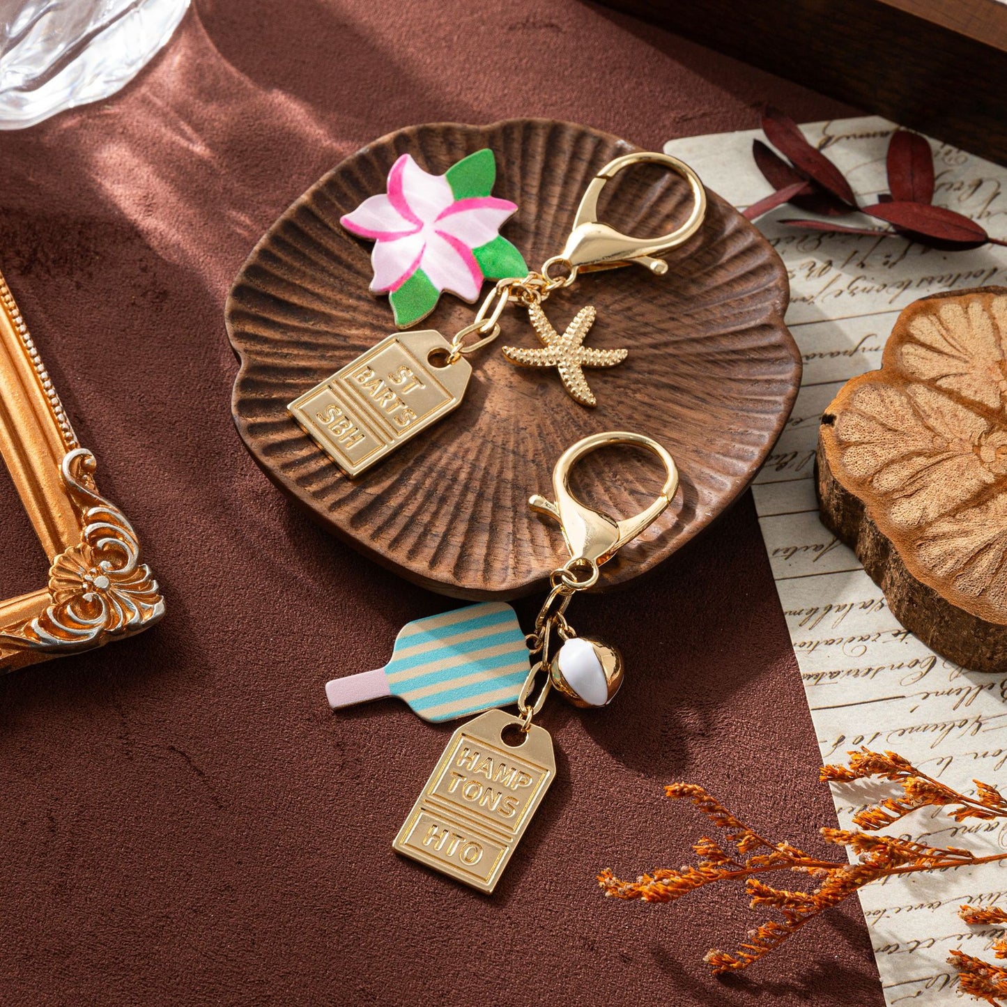 Minimalist Plated Metal Keychain Charm Bar with Umbrella Pattern