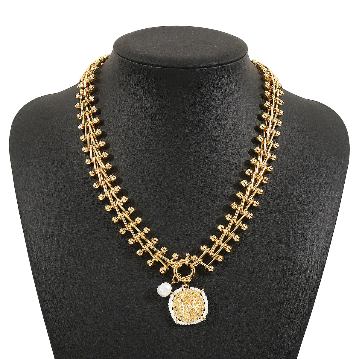 Collar tejido a mano multicapa geométrico minimalista vintage con colgante de aleación y detalles de perlas simuladas para mujer