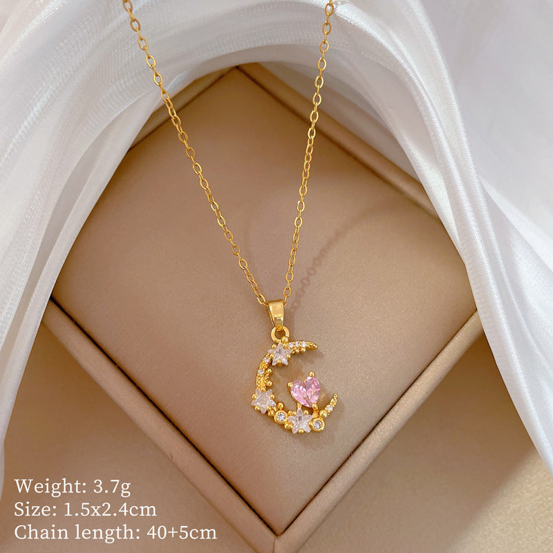Geometric Minimalist Titanium Steel Lip Chain Necklace with Copper Pendant and Rhinestone Inlay