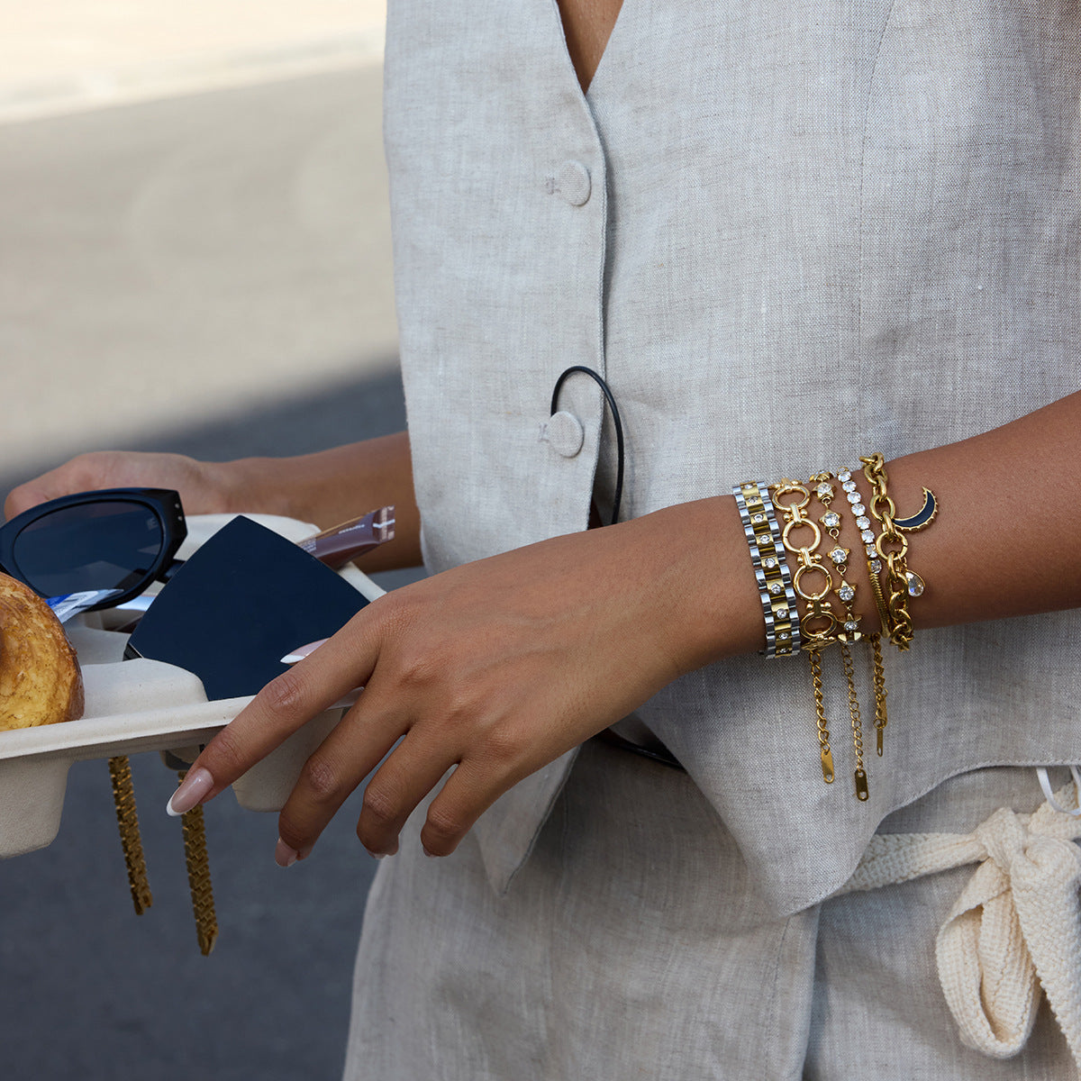 Pulsera de Acero Inoxidable con Baño, en Forma de Estrella, de Lujo Minimalista para Mujer con Detalles de Pedrería