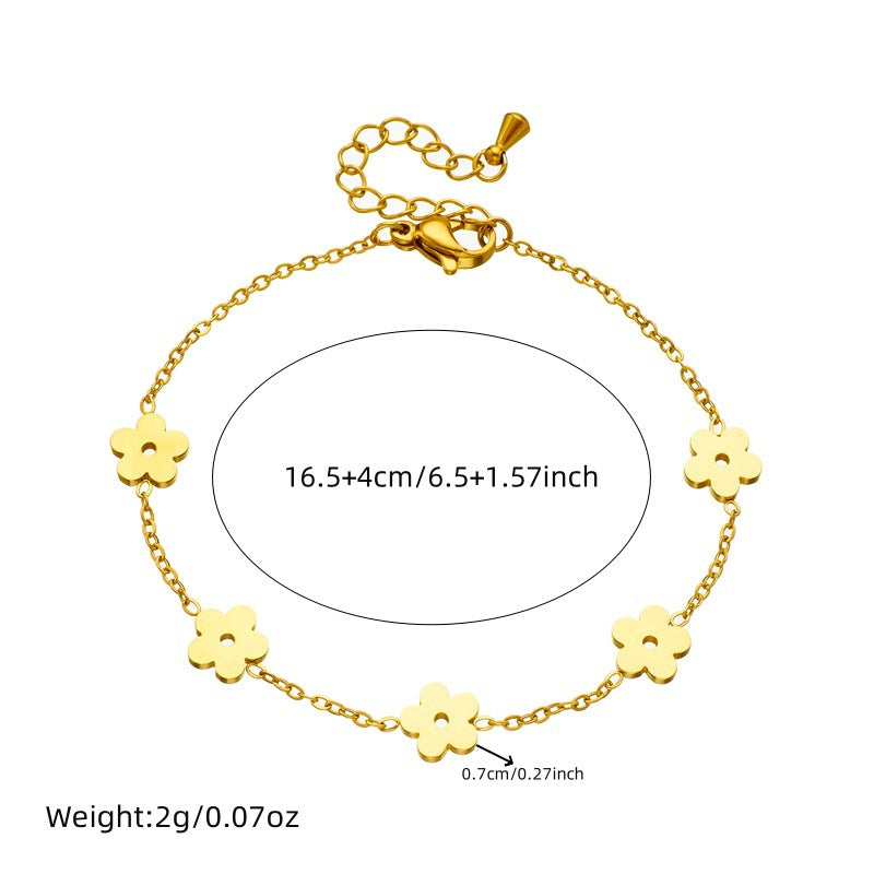 Juego de collar, aretes y pulsera de acero inoxidable estilo coreano minimalista con diseño de flores, chapado en oro para mujer