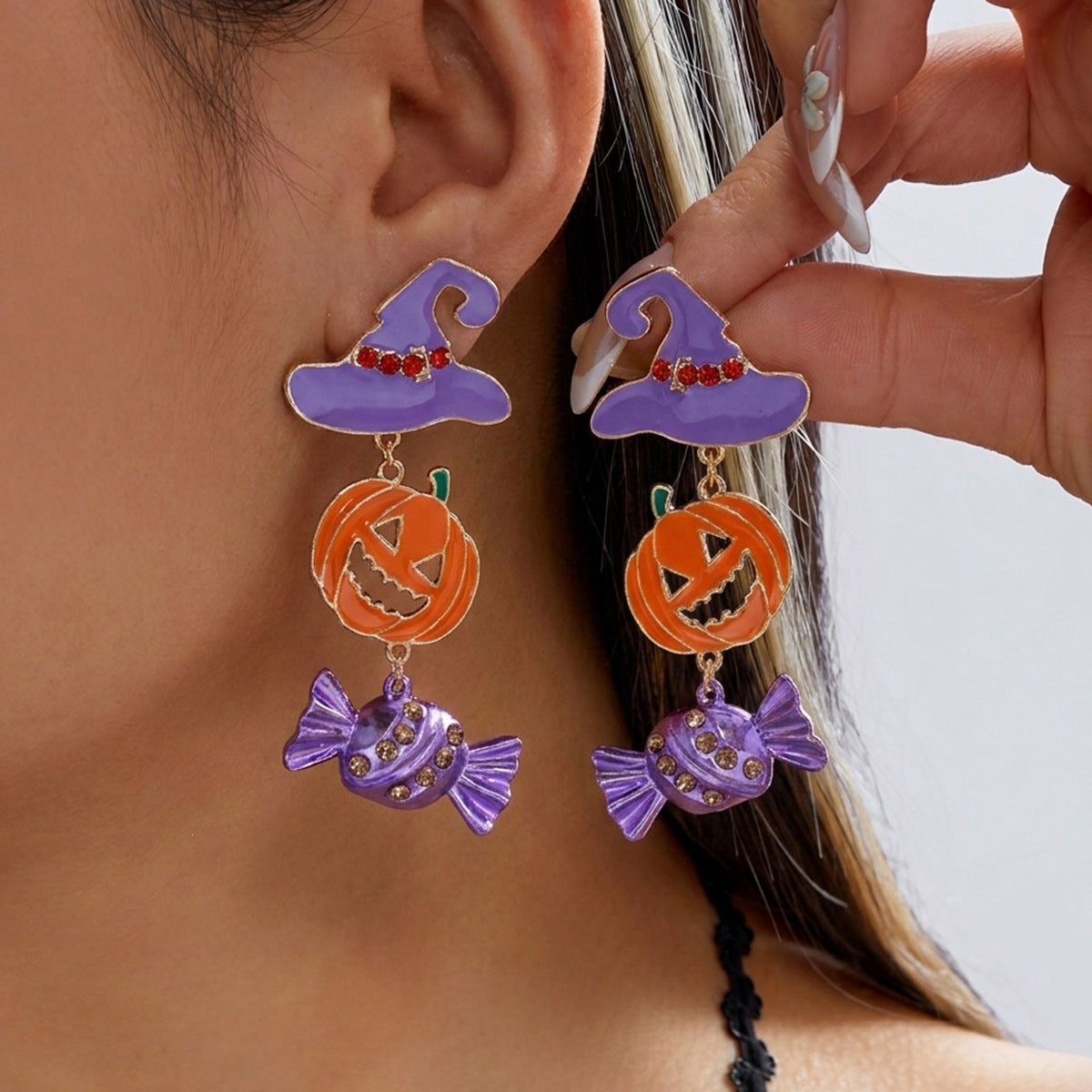 Cute Halloween Pumpkin and Witch Hat Drip Oil Plated Alloy Earrings Unisex Cartoon Drop Earrings