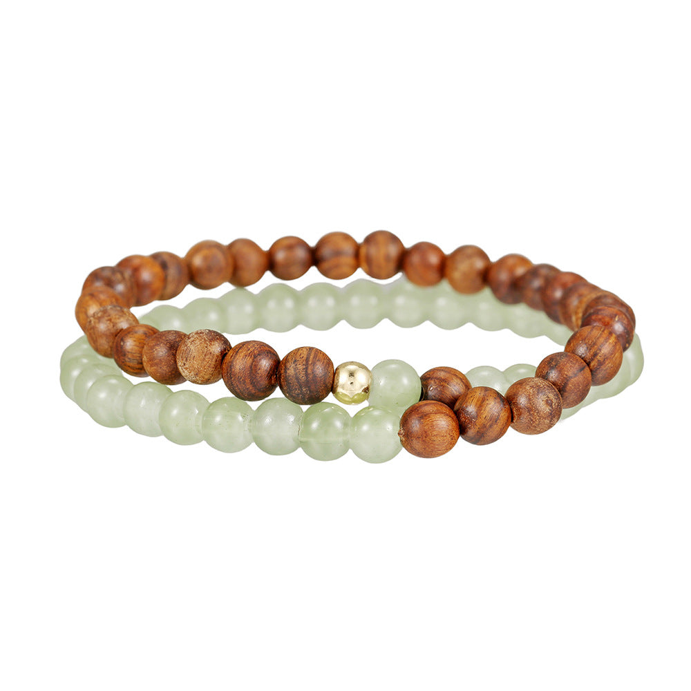 New Chinese Style Ethnic Double Layer Wood and Imitation Jade Beaded Bracelet for Women