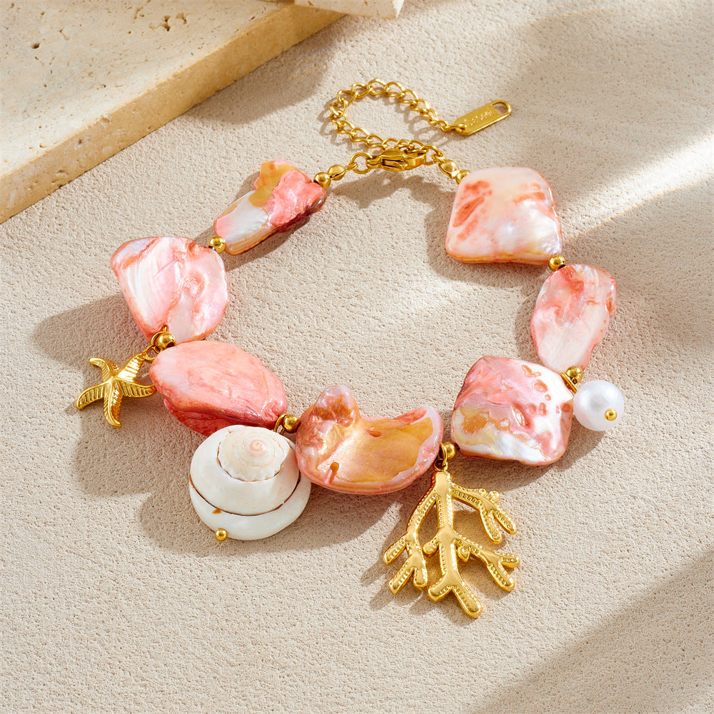 Fashion Gold Plated Stainless Steel Starfish Shell Coral Chain Jewelry Set for Women