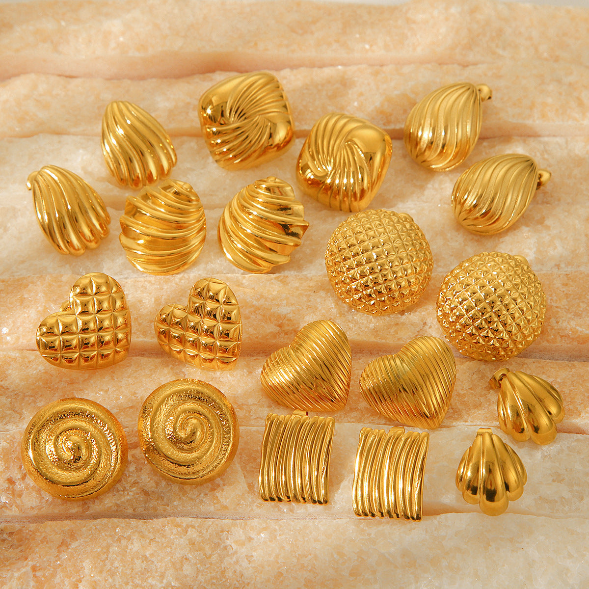 Geometric Textured 18K Gold Plated Stainless Steel Stud Earrings for Women