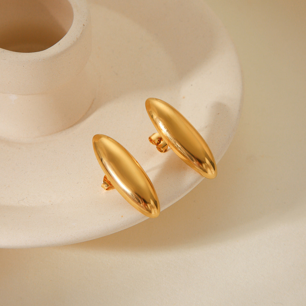Minimalist Geometric Stainless Steel Stud Earrings for Women with Polished Oval Shape and Anti-Tarnish Plating