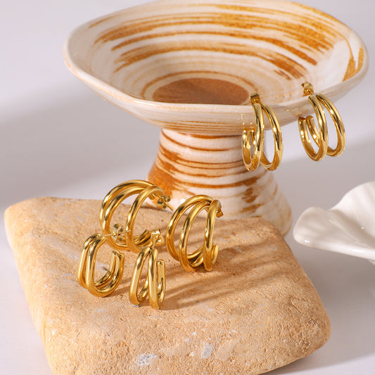 Pendientes de Tubo Hueco en Forma de C Geométrica Minimalista para Mujer en Acero Inoxidable con Chapado en Oro de 18K