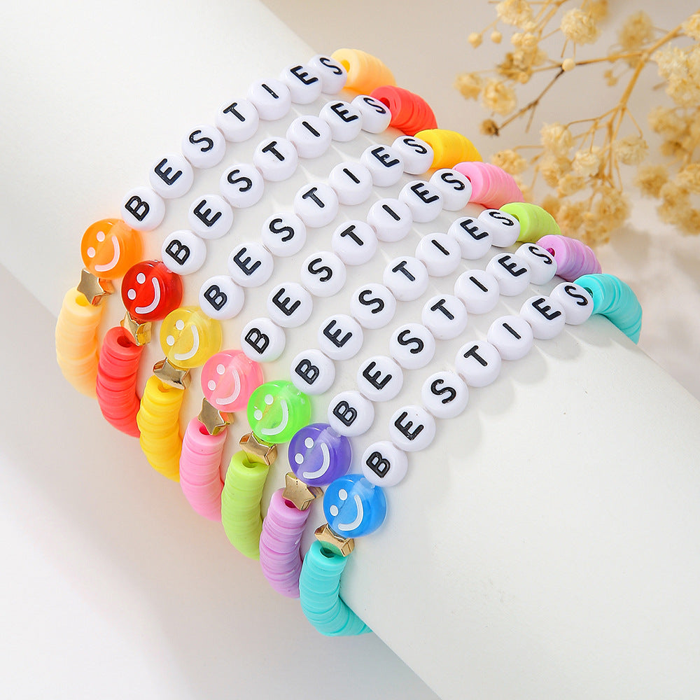 Casual Handmade Polymer Clay and Brass Beaded Bracelet with Letter and Smiley Charms