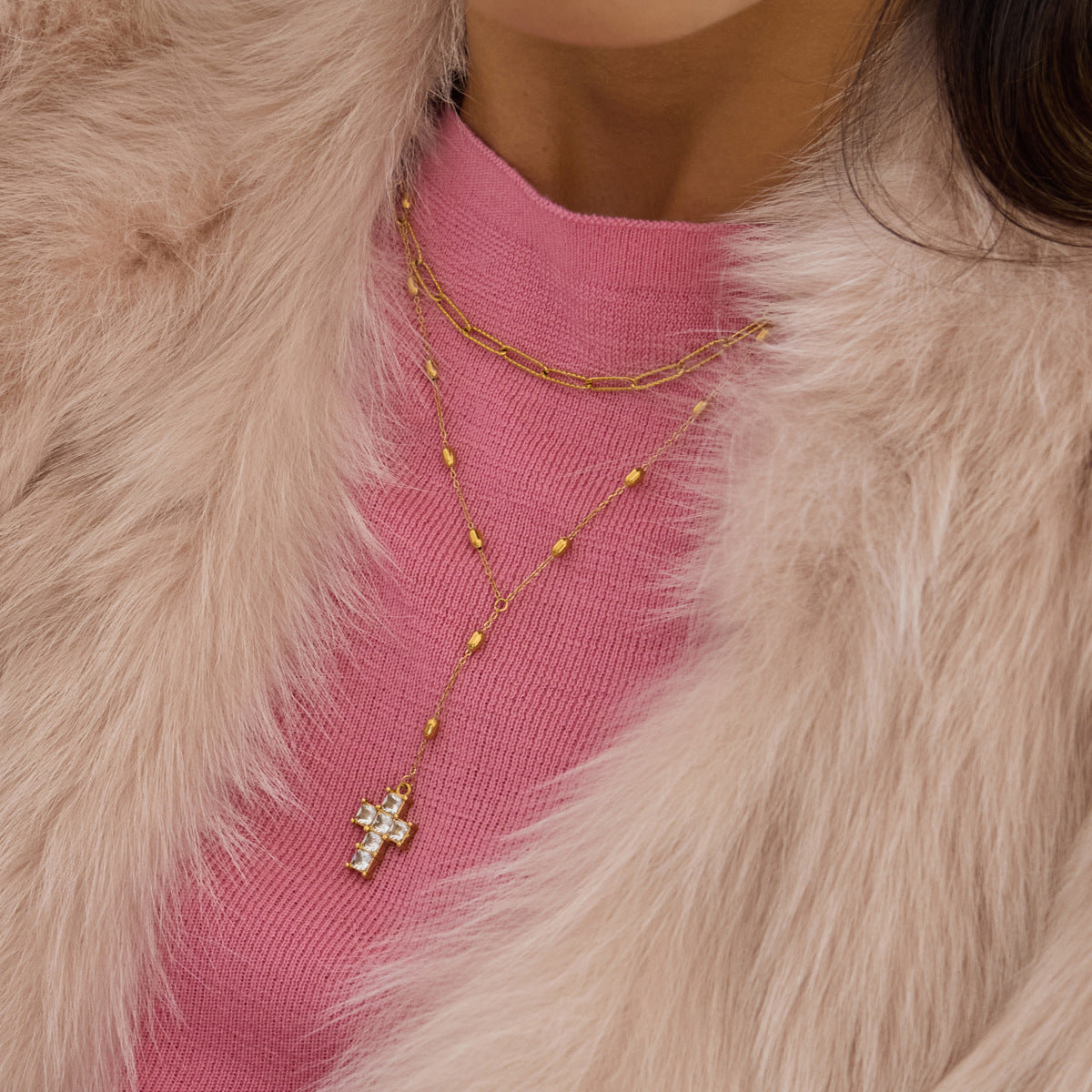 Collana di lusso a catena geometrica a Y con ciondolo in acciaio al titanio placcato oro 18 carati e zircone da donna